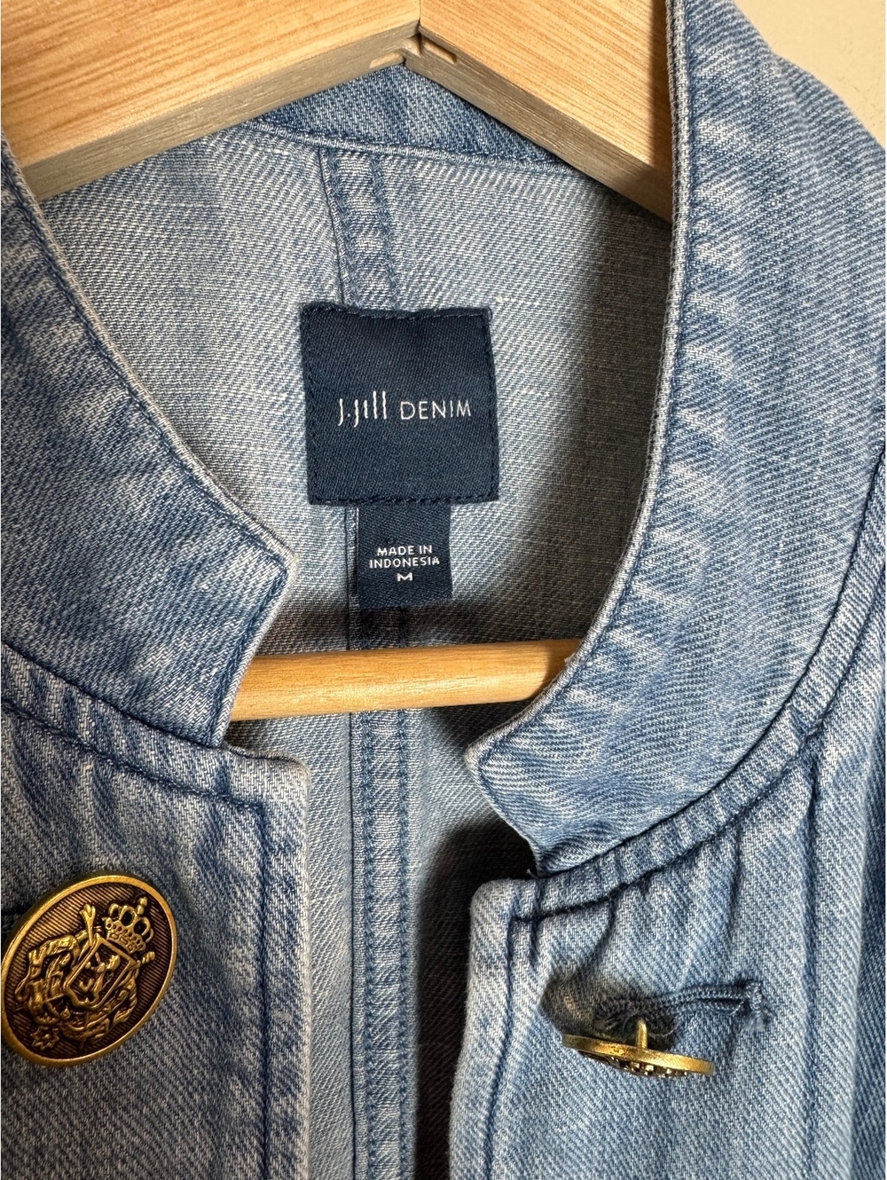 J JILL Cotton Linen Blend Denim Military Style Duster Jacket MED - Picture 4 of 7